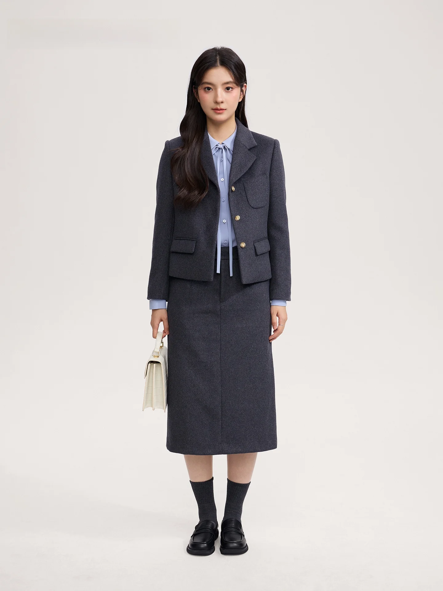 グッドヤンググレーレディース厚手ショート丈ピュアウールスーツAラインスカート通勤コートスタンダードスタイルボタンポケット加工