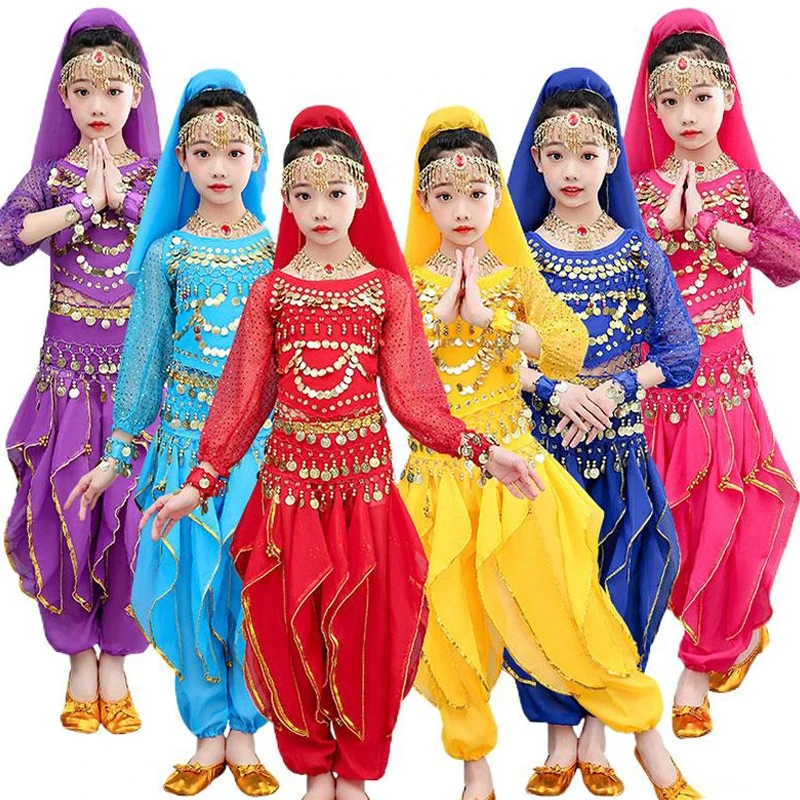 Disfraz De Princesa Árabe Para Niñas – Traje De Danza Del Vientre De 6 Piezas Con Lentejuelas Y Cascabeles