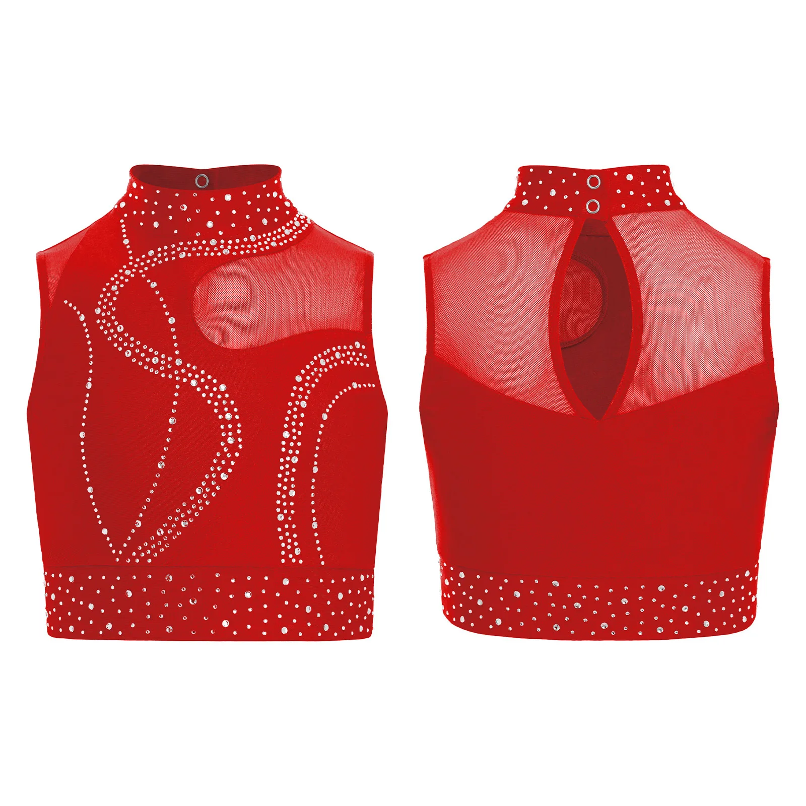 لامعة الراين الجمباز الرقص القمم أطفال بنات الشكل التزلج أداء المنافسة زي بلا أكمام بقماش شفاف المحاصيل الأعلى #4