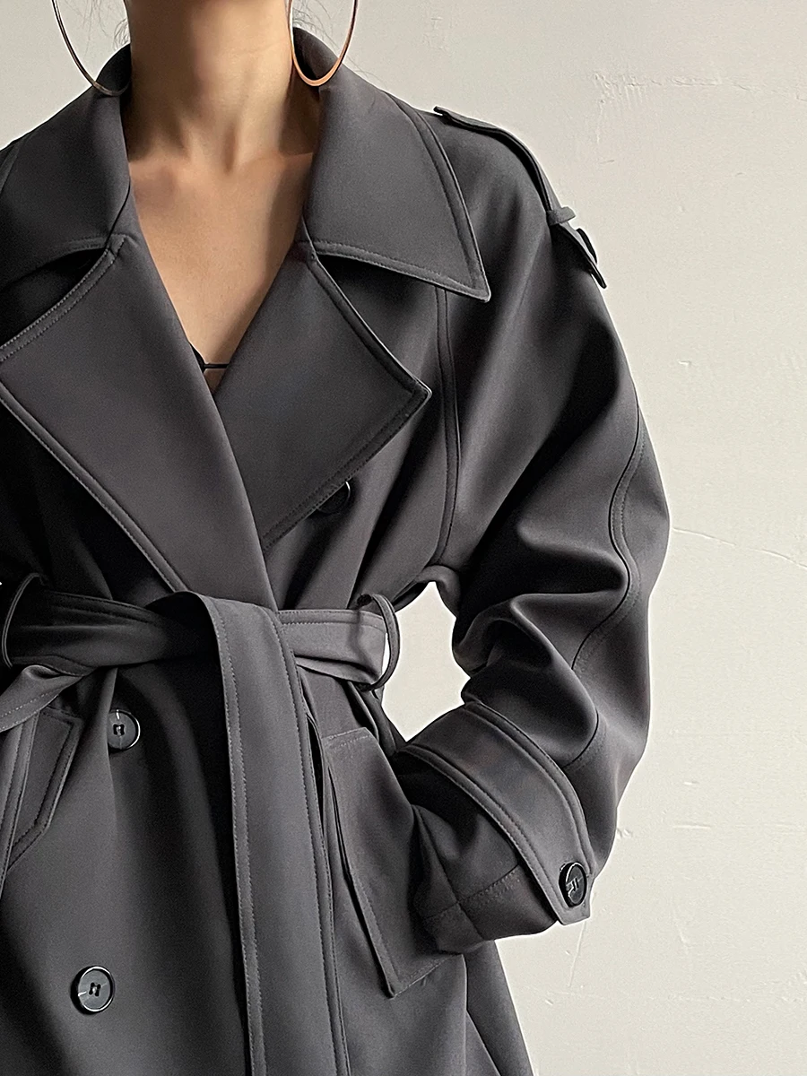 

AcupStudio Long Women's Windbreaker Double Row Buttons Briti Sle High Quali Loose Fit Polyester Fiber Street Sle V-Ne