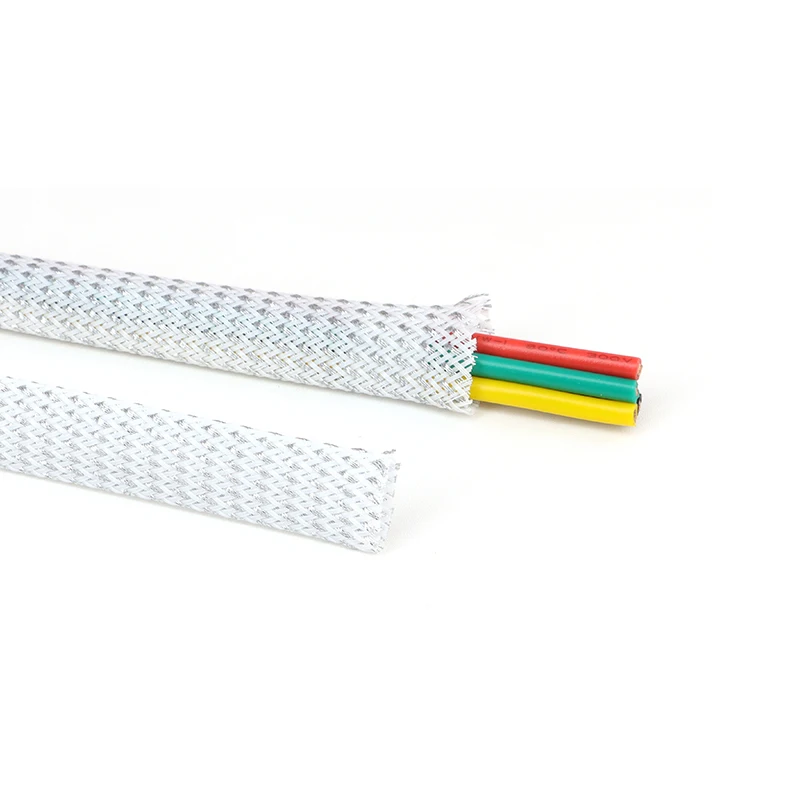 White Silver PET Insulation Expandable Braided Sleeve 2mm - 25mm High Density Wire Wrap Nylon Sheath Protection Cable Sleeving