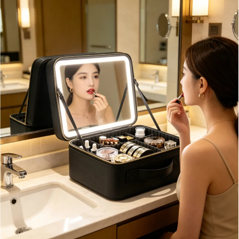 LED Lighted Travel Makeup Bag, Large Capacity Cosmetic Case with Mirror for Women Beauty Organizer