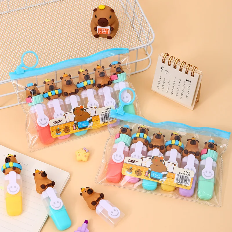 6Pcs/Set Capybara Cartoon Pastel Color Macaron Highlighter Pen Marker Pens Fluorescent Pen Drawing Highlighters Cute Stationery