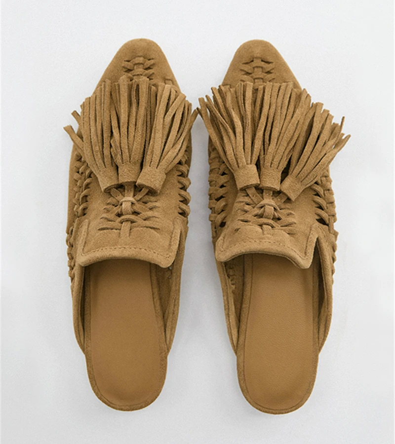 Suede Slippers Women Fringed Flat Mules Hollow Out Tassels Ladies Beach Shoes Handmade Luxury Gladiator Sandals Summer 2024