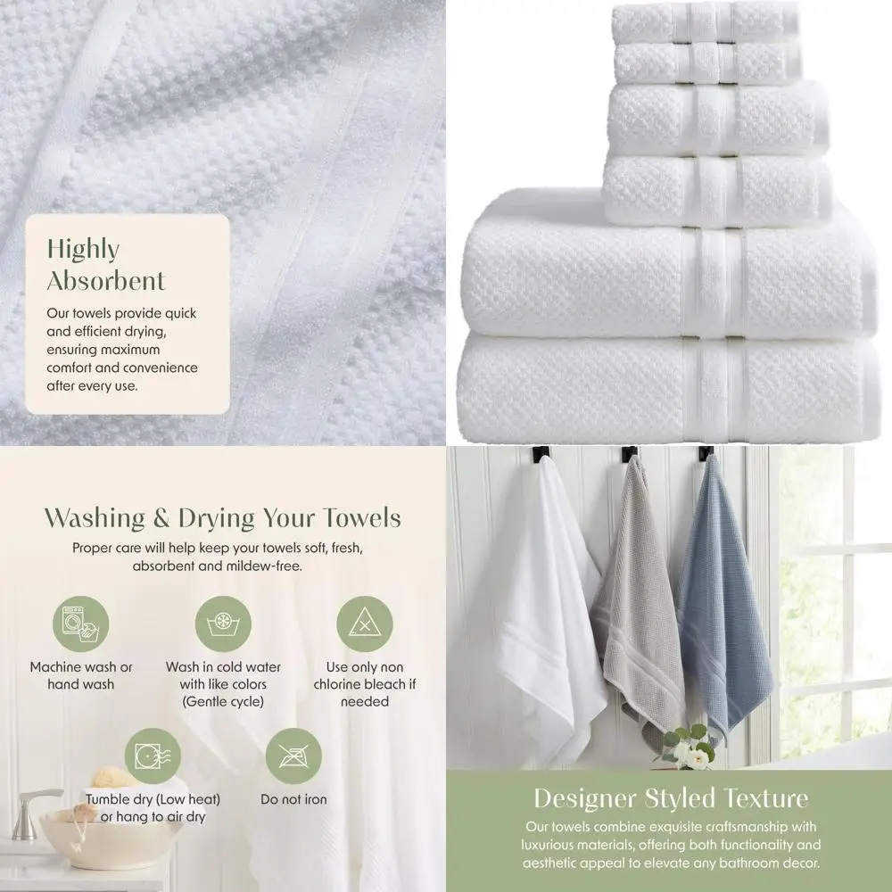 

Набор из 6 белых банных полотенец с текстурой «кукуруза», 100% чесаный хлопок, впитывающие и быстросохнущие, сертифицированы по стандарту Oeko-TEX 100