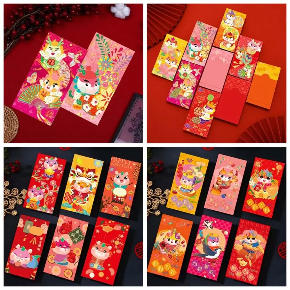 6 Stks/set Geld Inpakzak Chinese Dragon Rode Envelop Diy Card Verpakking 2024 Chinese Dragon Year Lente Festival Benodigdheden