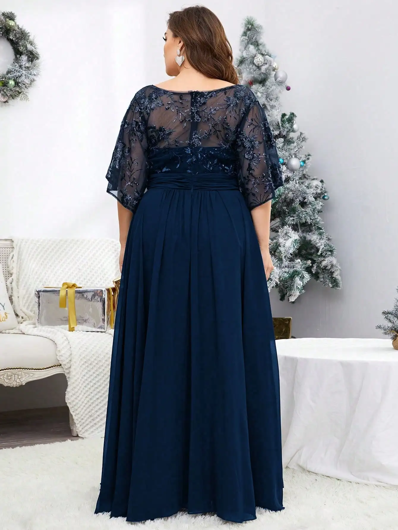 MGIACY V-neck sequined embroidered sheer flared sleeves patchwork chiffon long skirt