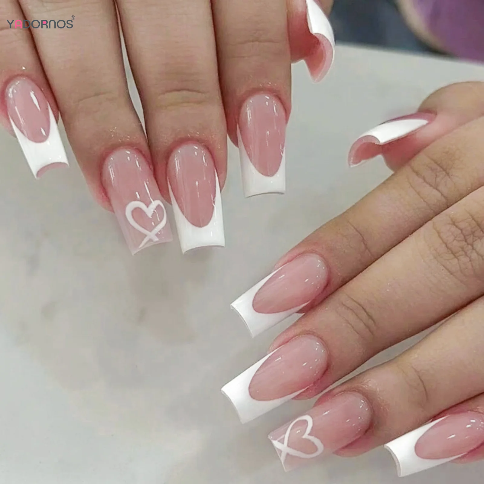 Arco francês imprensa em unhas borda branca amor padrão dicas de unhas falsas wearable destacável curto caixão ins doce coreano unhas falsas