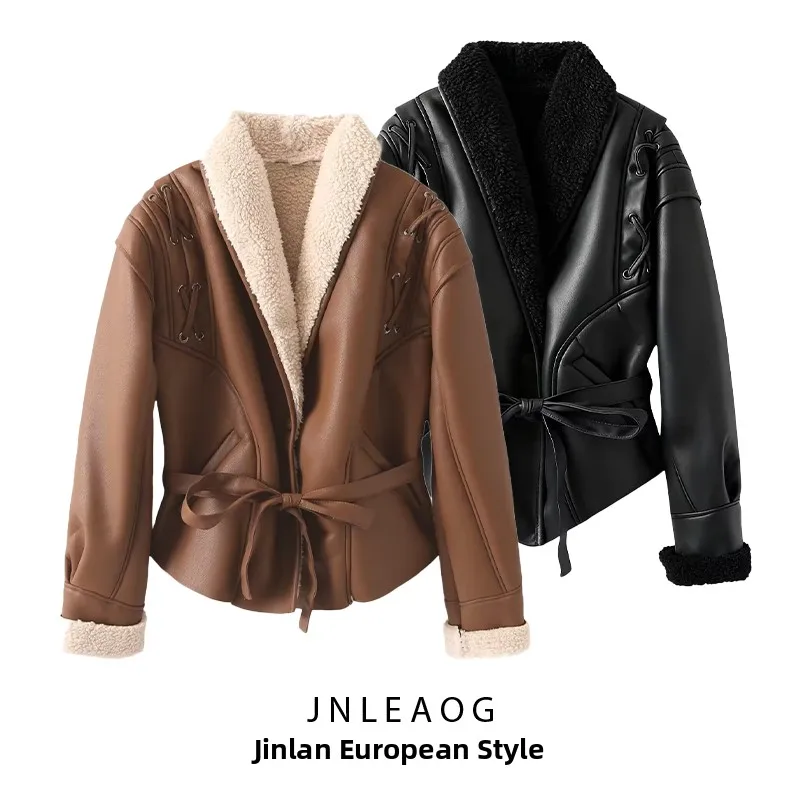 JNLEAOG feminino faion retro een colarinho all-match casaco de pele de couro com cinto de couro sintético longo sve busin terno