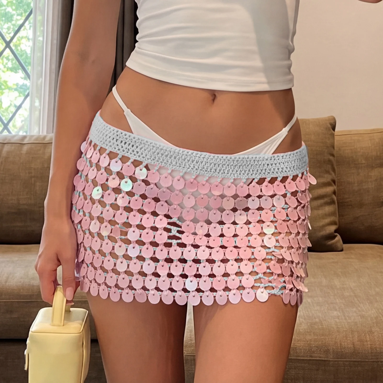 Women Y2K Coquette Sequin Crochet Drawstring Mini Skirt Bohemian Beach Hollow‑Out Cover Up Skirt
