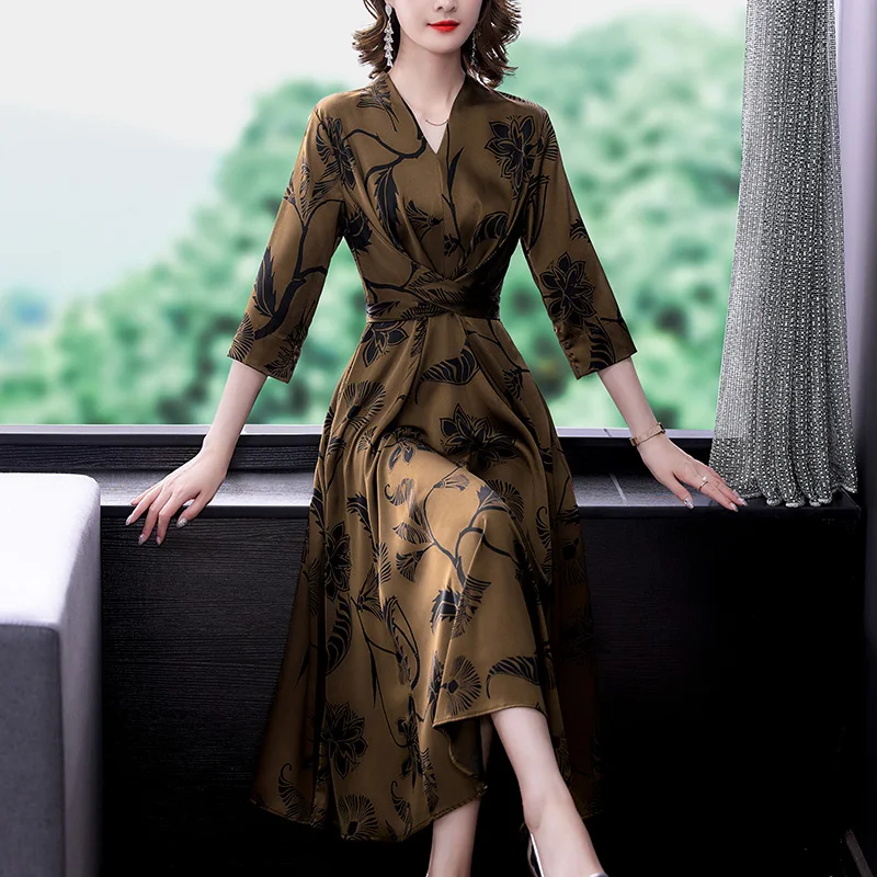 Women Satin Floral Natural Silk V-Neck Maxi Dress Spring Summer Vintage Casual Midi Dresses 2024 Elegant Bodycon Party Vestidos