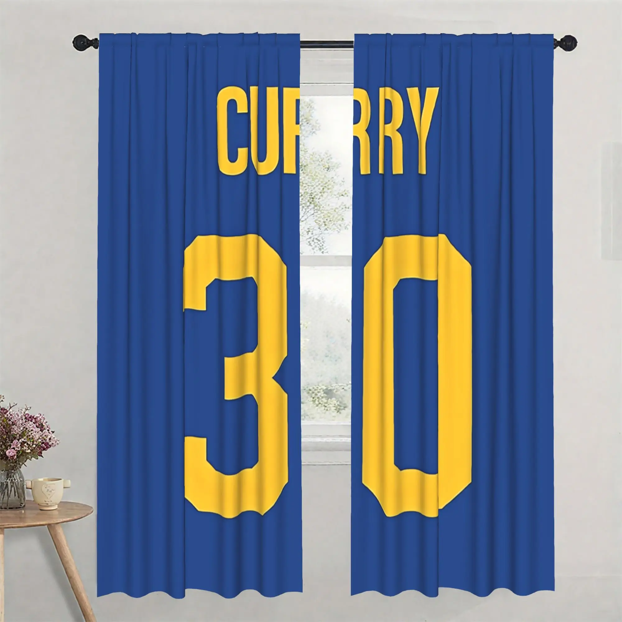 Blue Number 30 Jersey Style Curtain, Yellow Digit Print Drape, Sports Theme Window Treatment, Basketball Fan Cave Decor, Bedroom