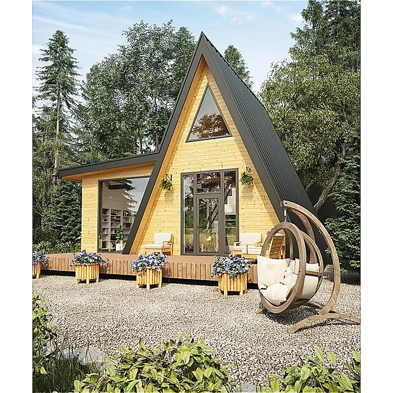 Luxury Modular Prefabricated Wooden Bungalow Triangle Glass Design Vacation Stay Apartment Bedroom Bathroom for Living Room Use