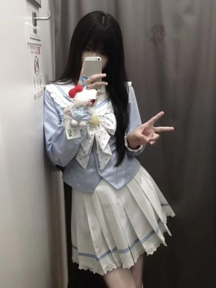 

Весенний японский комплект в стиле преппи: элегантные женские топы с бантом и шикарная юбка. Популярная корейская повседневная одежда для женщин.