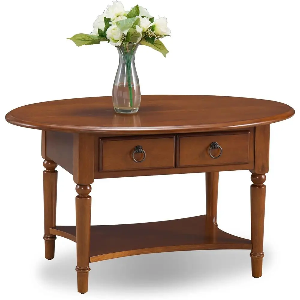 

Oval Solid Wood Coffee Table with Drawer and Shelf, Pecan Brown Finish