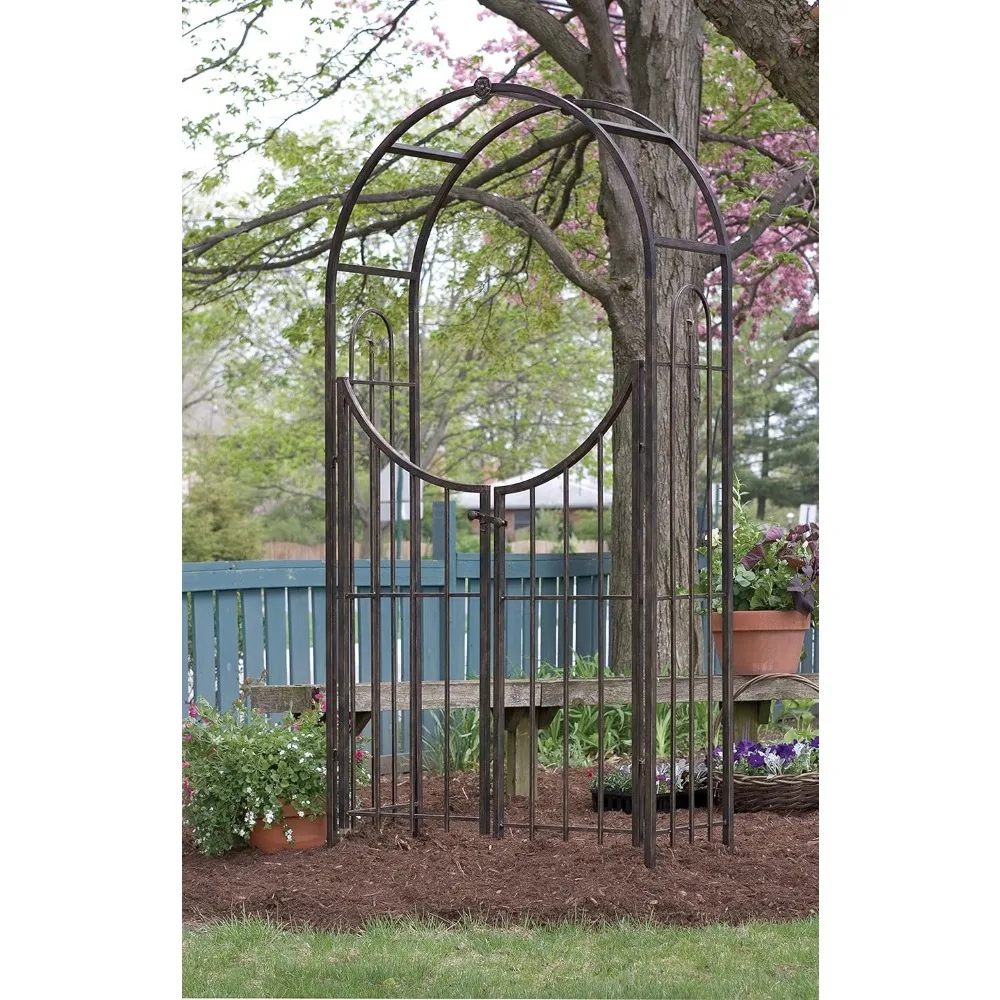 Products Arched Top Garden Arbor with Gate, Brushed Bronze