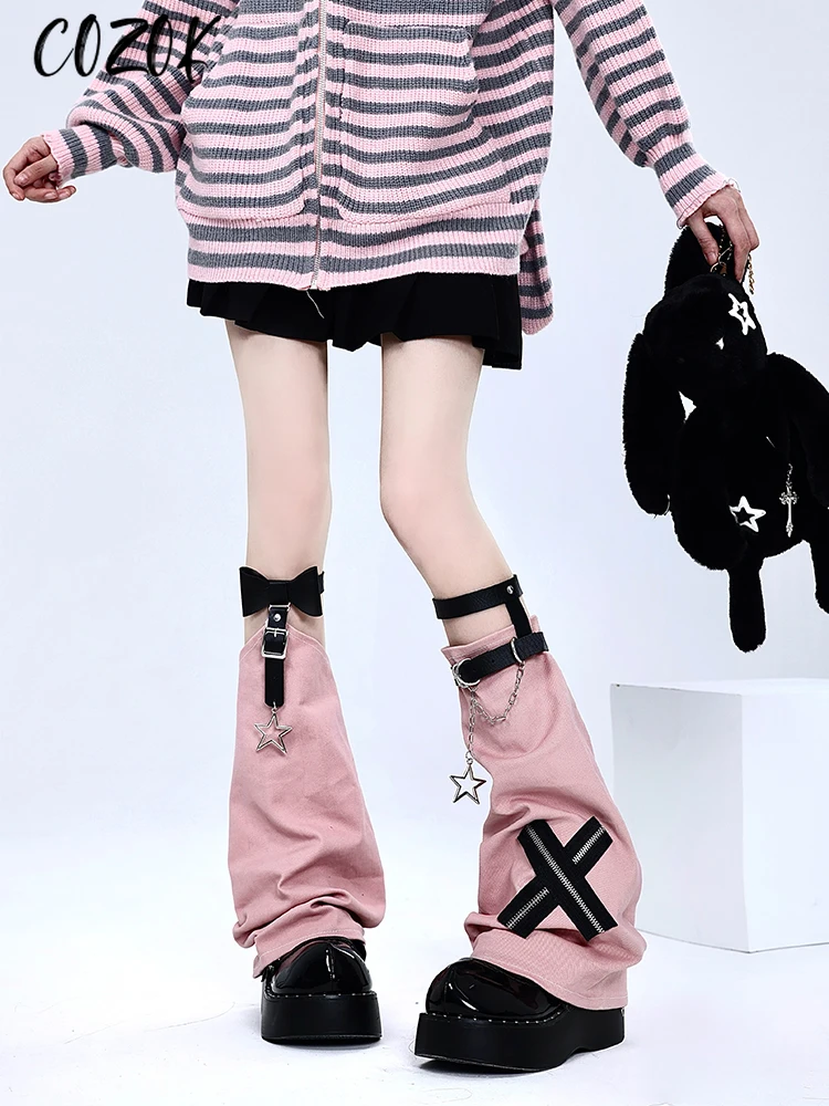 Mikumn Harajuku Y2k Black White Pink Grey Bow Leather Buckle Leg Warmers Socks Gothic Punk Cross Star Chain Solid Chic Leg Cover