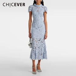 CHICEVER Solid Spliced Hollow Out Dresses for Women Stand Collar Short Sleeve High Waist Slim Pleated Chinese Style Dress Female
