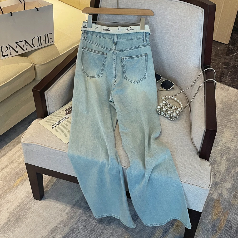 Summer slim design with flip letter waistband, high waist, loose and slimming jeans, long pants, wide leg pants