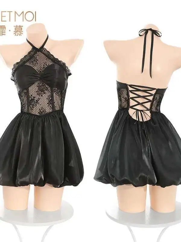 Preto doce tanque mini vestido menina fofo cintura amarrada vestido sexy renda malha sheer vestido elegante 2025 moda sexy feminino topo exl8