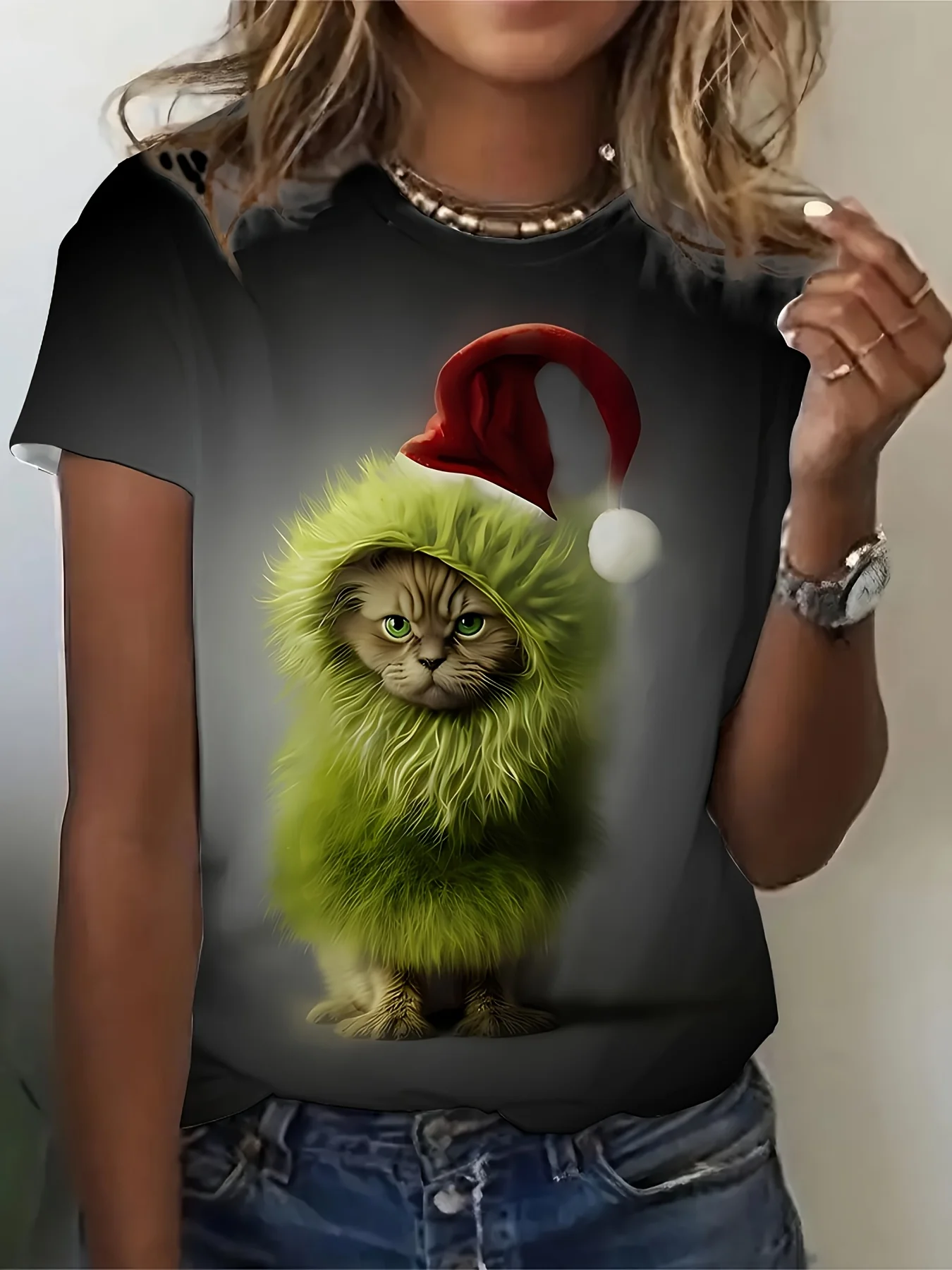 Women Christmas T‑Shirt Funny Green Furry Cat With Santa Hat Print Short Sleeve Crew Neck Holiday Casual Tops