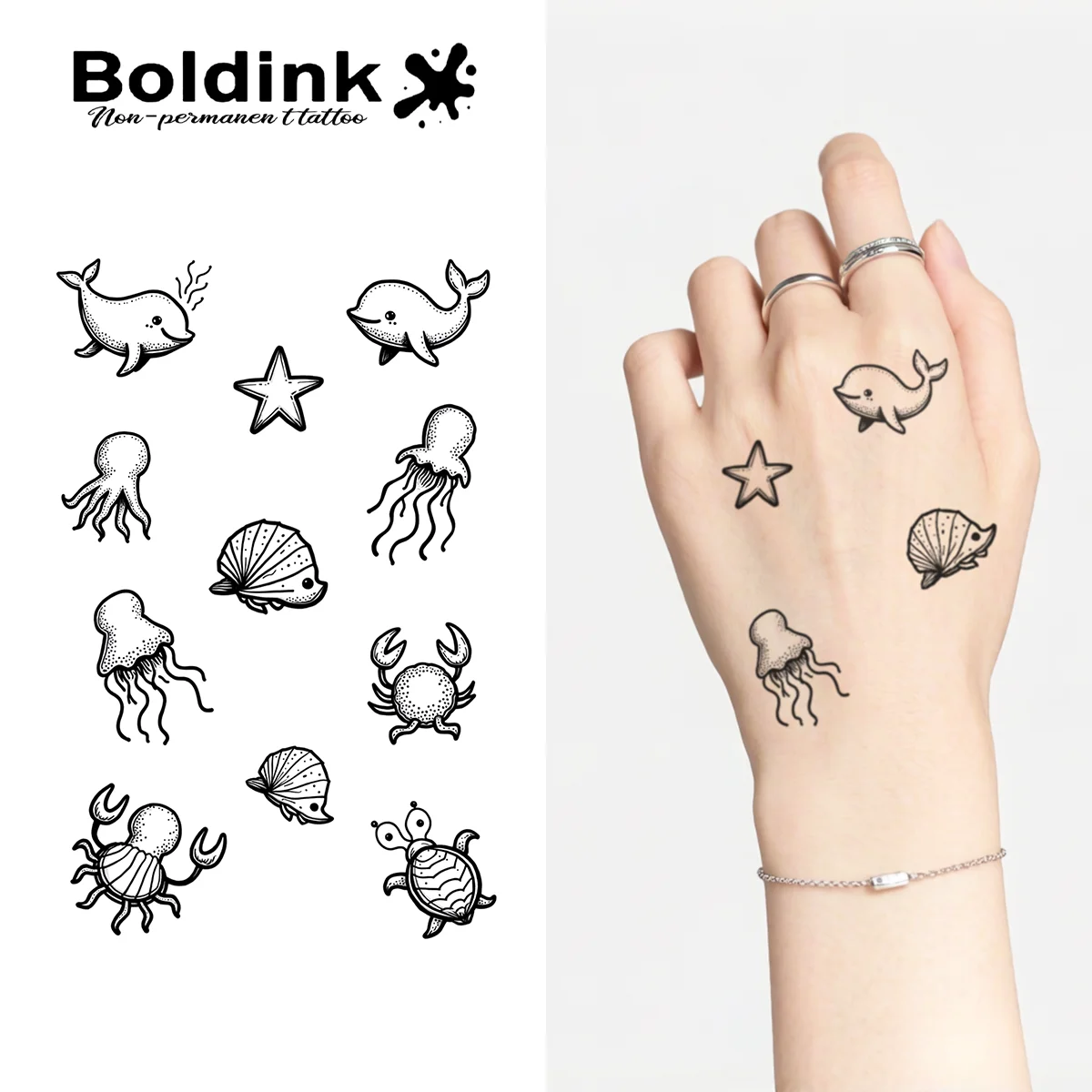 BOLDINK Ocean Marine Life Tattoo Sticker Unisex Stylish Easy Apply Waterproof Long Lasting 1-2 Week