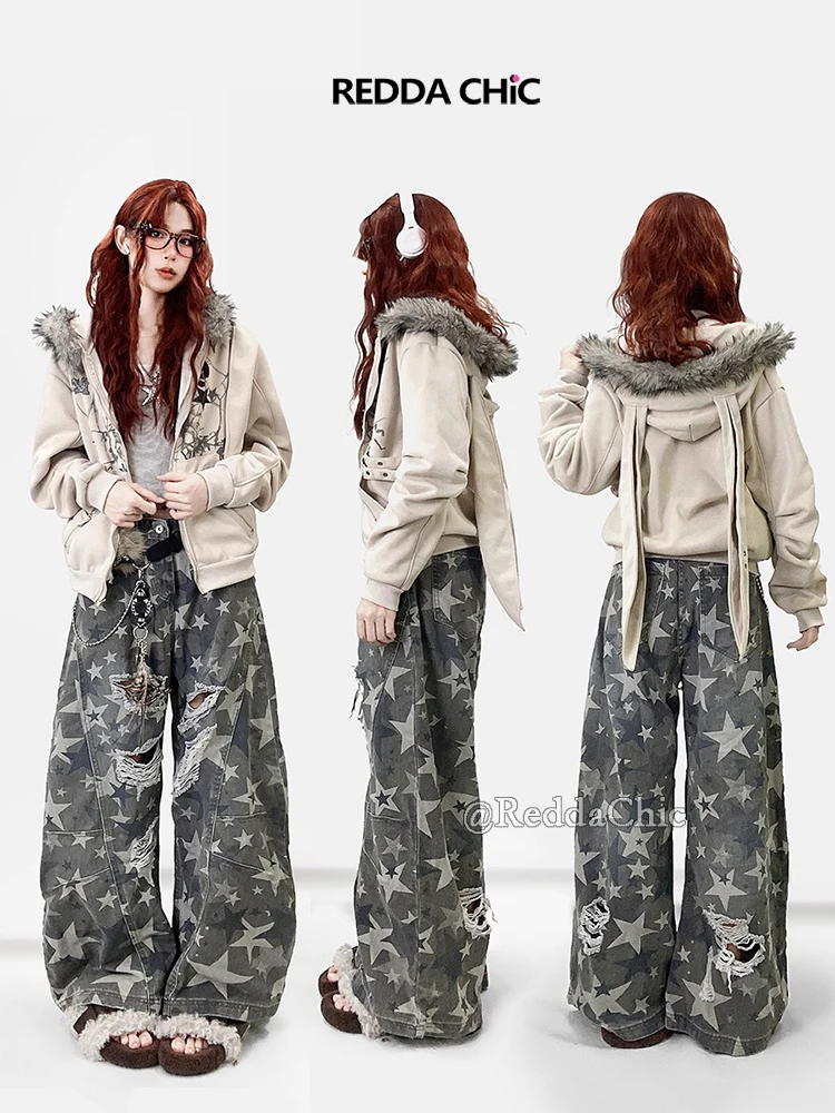 REDDACHiC Esthetische Zip Up Grafische Hoodies Jas Bunny Oor Fuzzy Capuchon Fleece Gevoerde Oversized Top Harajuku Y2k Vrouwen Kleding