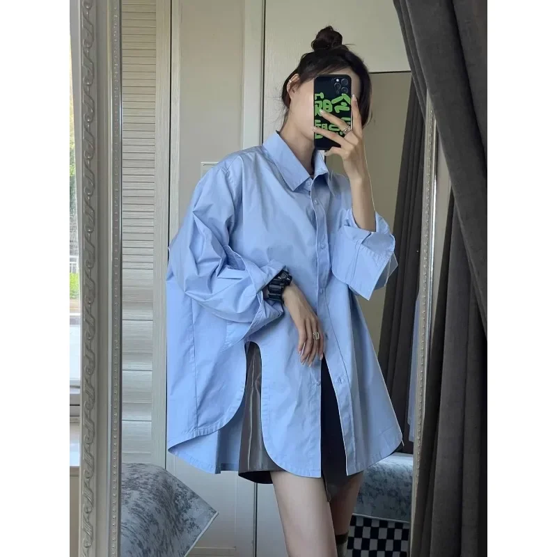 QWEEK Korean Style Office White Shirt Oversized Elegant and Youthful Streetwear Solid Colour Blouses Stylish Long Sleeve Clothes