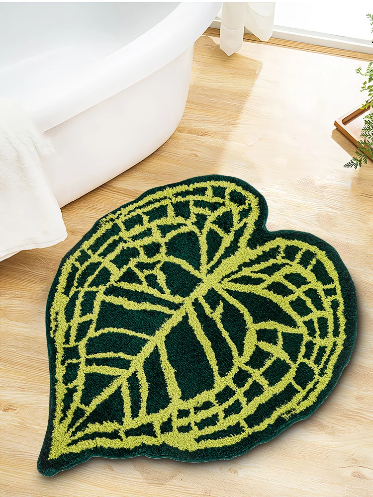 พรมเช็ดเท้าหน้าวัวสีเขียวรูปหัวใจ, พรมปูพื้นใบไม้เขตร้อนตุ๊กตาผ้าหัวใจสำหรับห้องนั่งเล่นห้องน้ำพรมหน้าวัวฟู