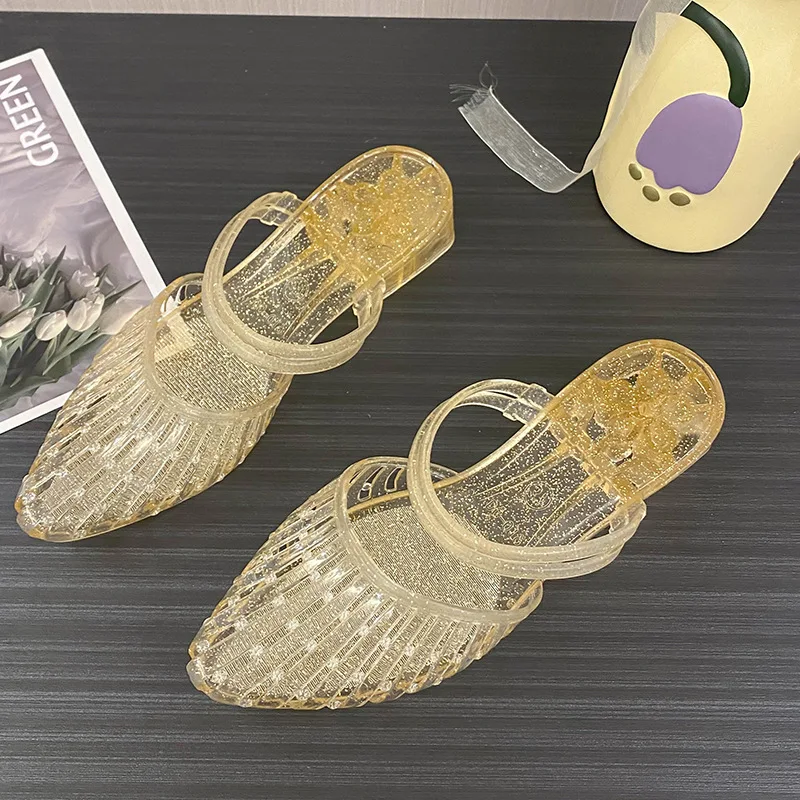 

Sexy pointed toe mules sandals women's summer sexy slides shoes woman double strap clear sandals ladies transparent jelly shoes