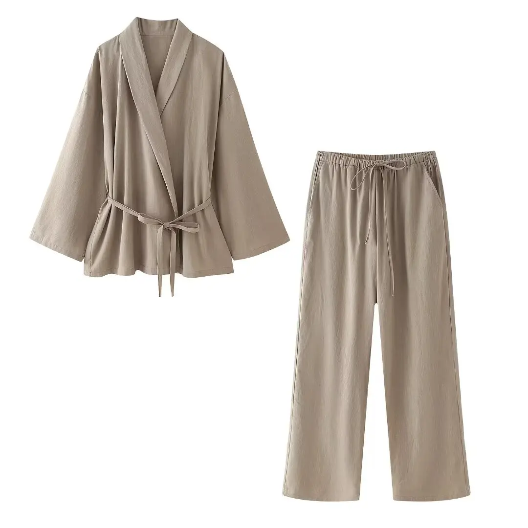 

TRAFZA Women Fashion 2 Piece Set Long Sleeves Lapel Loose Lace Up Top+Drawstring Side Pockets High Waist Wide Leg Pants Traf