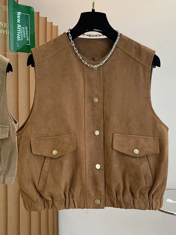 

Женский замшевый жилет свободного кроя с круглым вырезом, без рукавов, с подплечниками, весна-лето 2026, модная верхняя одежда, универсальный, с пуговицами