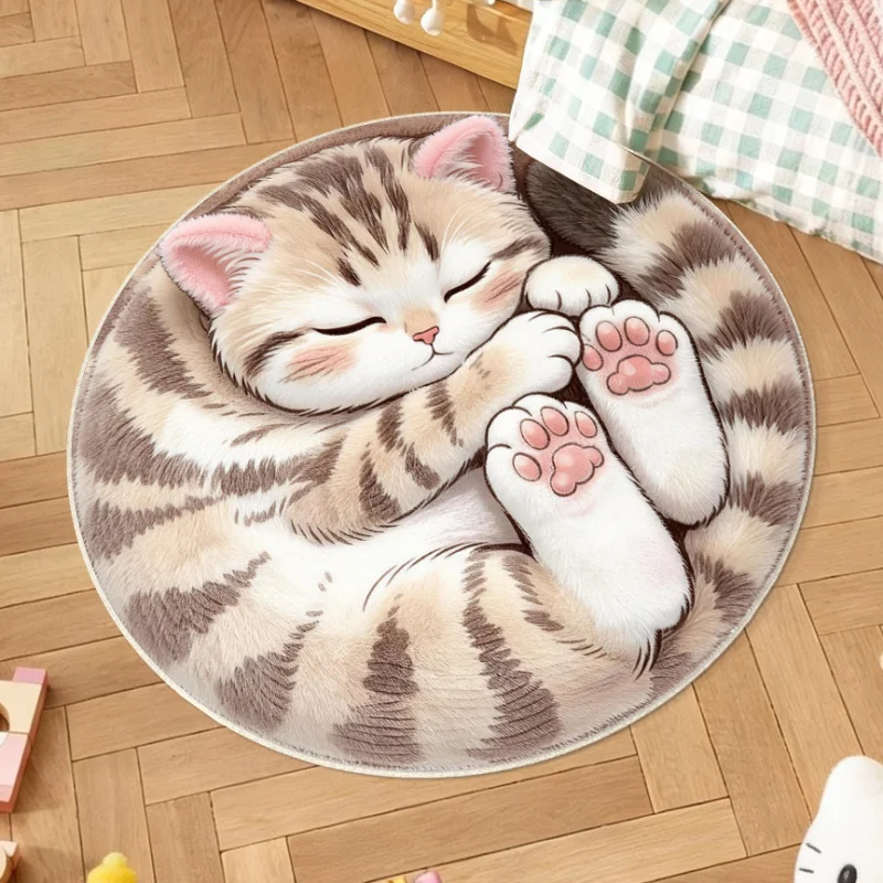 VIKAMA Cute Cat Round Rug Soft and Slip-resistant Bedroom Side Cushion Dormitory Stroller Floor Mat Home Decoration