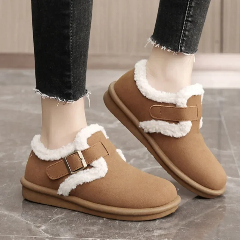 

Women Plush Loafer Shoes Wool Warm Flats Suede Shallow Boots Frosted Fur Cotton Shoes Round Toe Slip On Boots Square buckle shoe