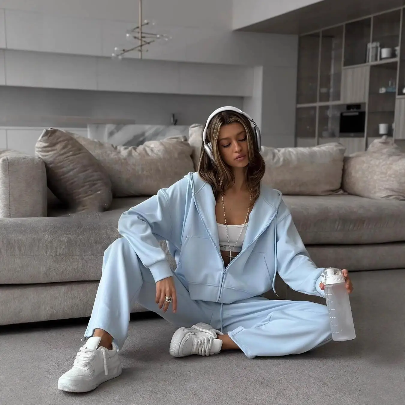 

Повседневный комплект с капюшоном на молнии, женский свободный спортивный кардиган, удобная спортивная одежда, комплект из двух предметов, материал ПВХ