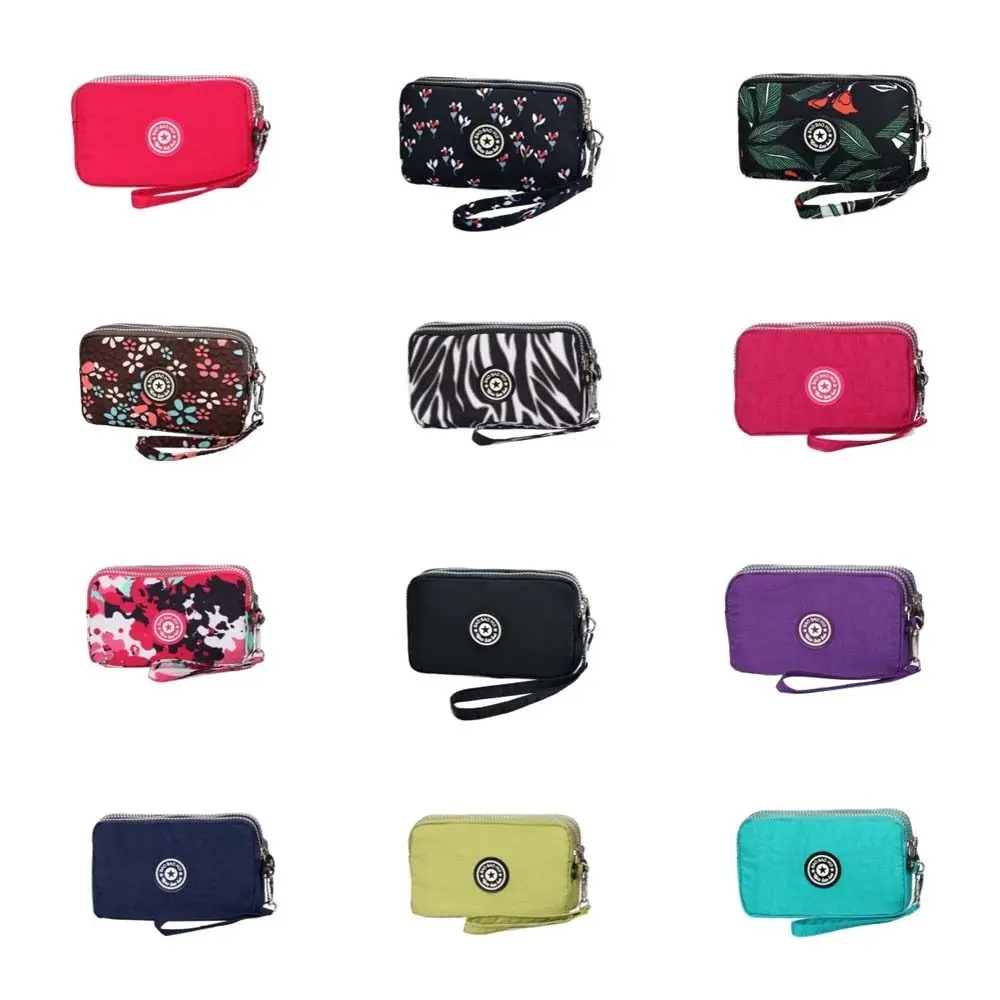 Women Long Zipper Purse Handbag Multicolor Three Layer Nylon Wallet Waterproof Mobile Phone Bag With Lanyard Wrist Bag