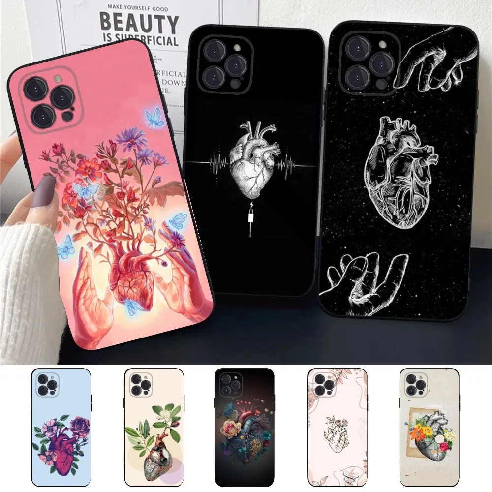 Heart Human Anatomy Phone Case For Apple iPhone 15,14,13,12,11,XS,XR,X,8,7,Pro,Max,Plus,mini Silicone Black Cover