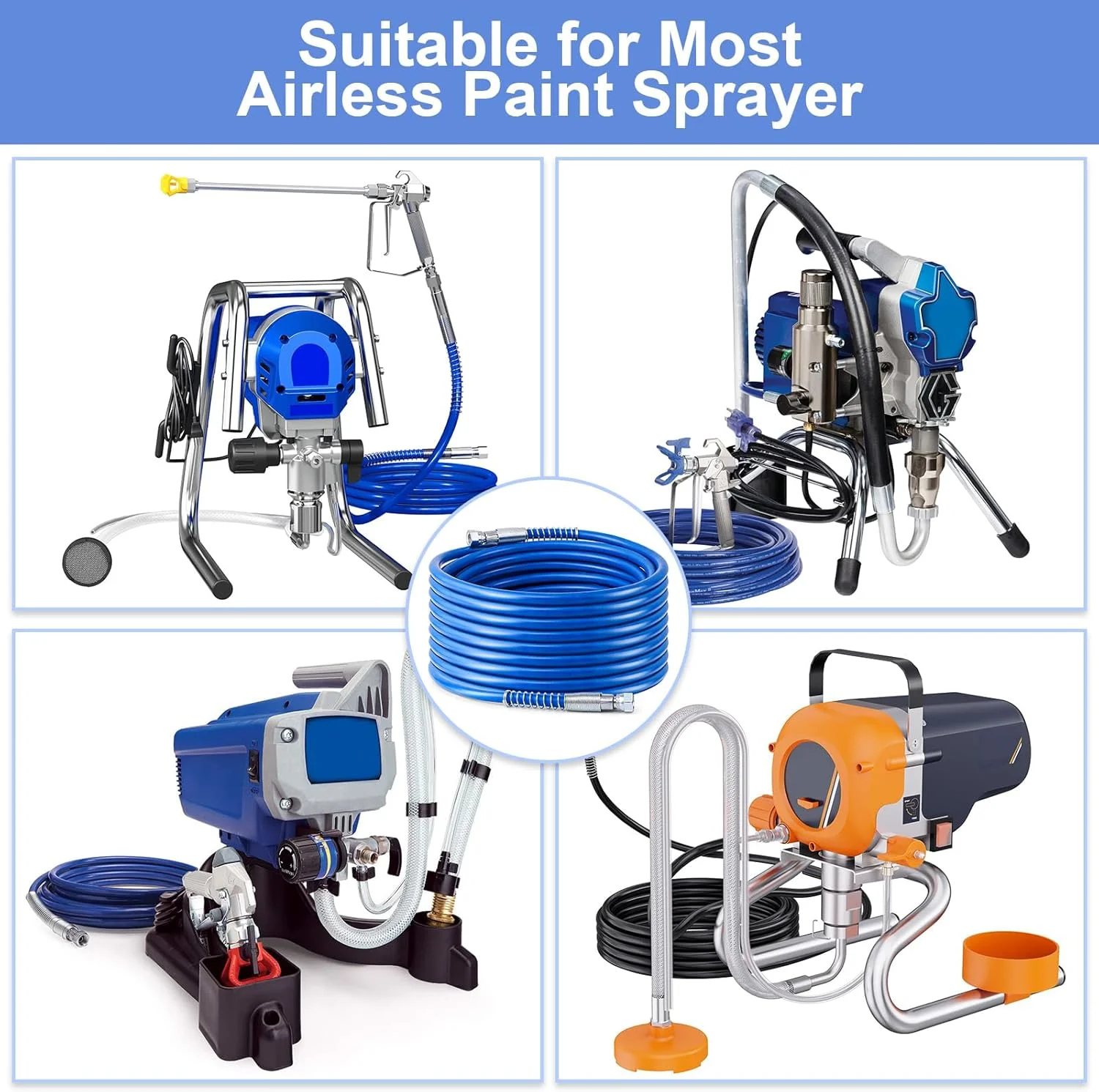 خرطوم مسدس الرش اللا هوائي 1/4 بوصة - ضغط العمل: 3300 رطل/بوصة مربعة - ضغط الانفجار: 8500 رطل/بوصة مربعة - موصل 1/4 بوصة ومفصل دوار - متوافق مع جميع مسدسات الرش اللا هوائية الرئيسية