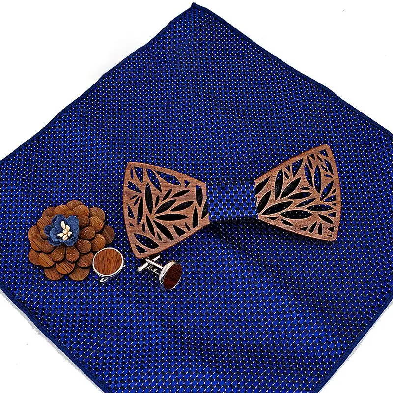 Handmade Mens Wood Bow Tie With Matching Pocket Square And Men's Cufflinks Set