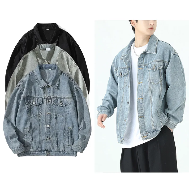 

Fashion Men's Denim Jacket Vintage Loose American Lapel Jacket Multi-Pocket High Quality Fabric Solid Color Menswear