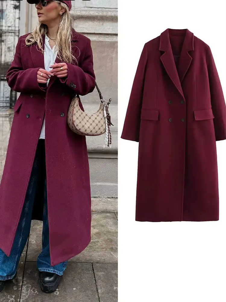 

Woman Winter Warm Street Outwear Chic Elegant Women Solid Burgundy With Pockets Double Breasted Fake Woolen Long Coat