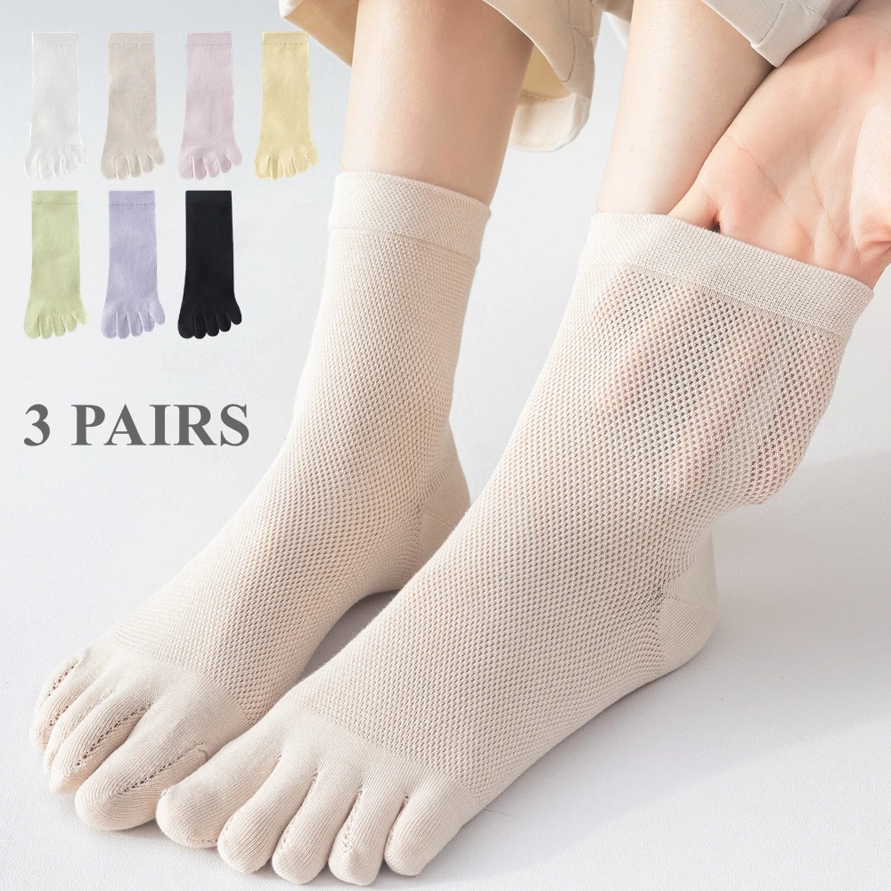 

3 Pairs Summer Socks Women High Qualty Cotton Toe Socks Ladies Middle Tube Five Finger Socks Solid Color Thin Mesh