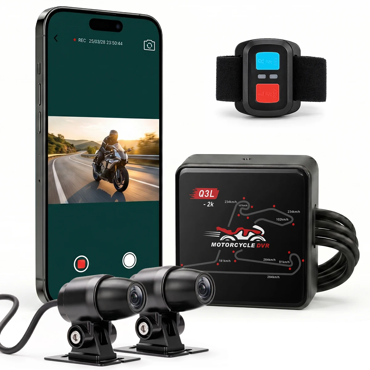 2Kデュアルモーターサイクルダッシュカム（前後防水）、5GHz WiFi、GPS、24時間駐車モード、スーパーナイトビジョン搭載のバイク用DVR