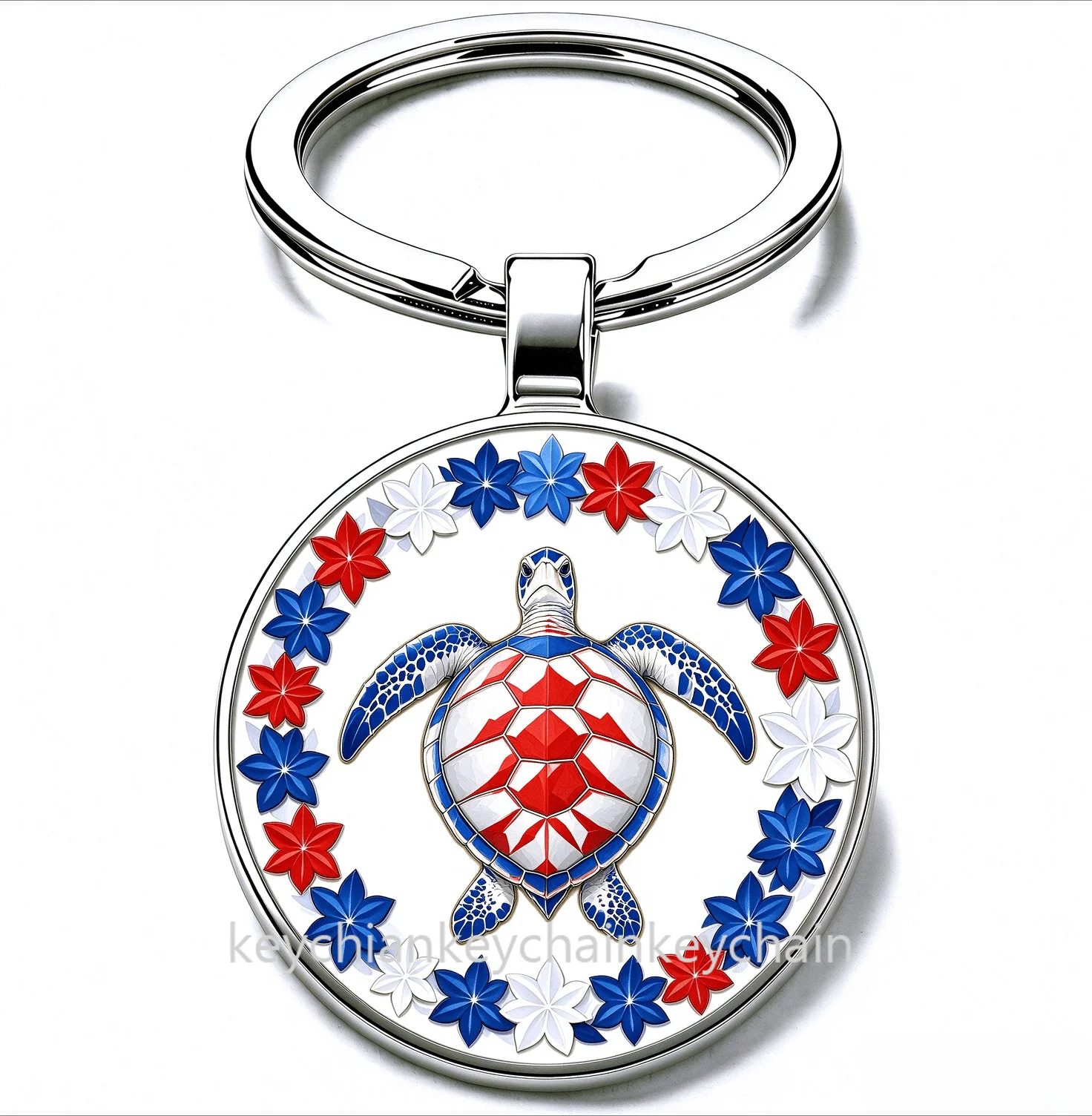 tortoise Key Ring Red White Blue Floral Wreath Round Metal Keychain