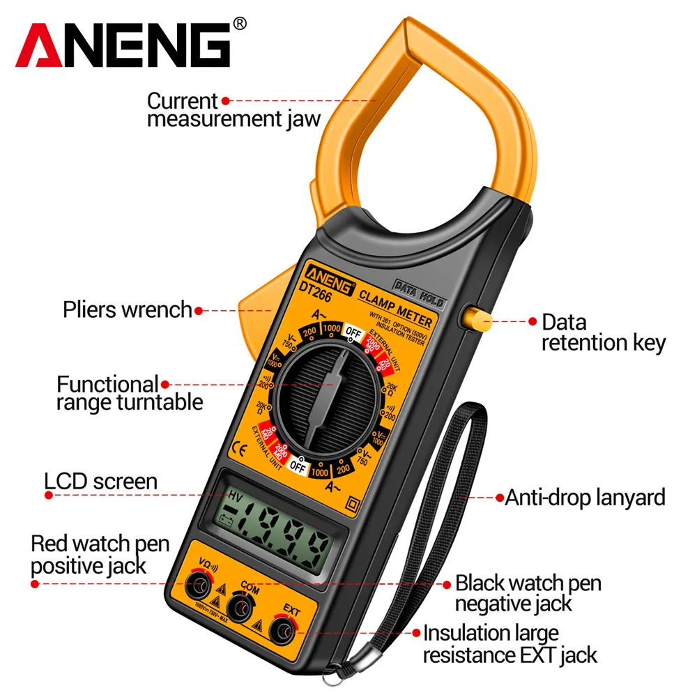 ANENG DT266 Digital Clamp Meter Multimeter 2000MΩ Large Resistance AC/DC Voltage 60mm Large Jaw AC Current Detection Tester Tool