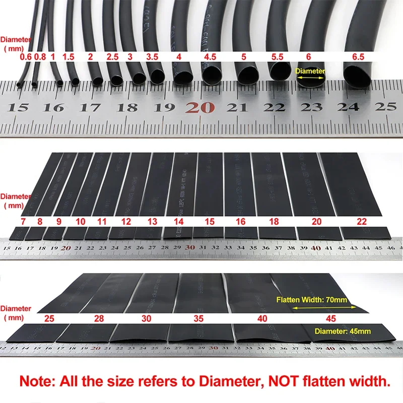 블랙 열 수축 튜브 2:1 직경 0.6 ~ 210mm 폴리올레핀 튜브 슬리브 DIY 랩 와이어 수리 케이블 보호기, 1 ~ 10m