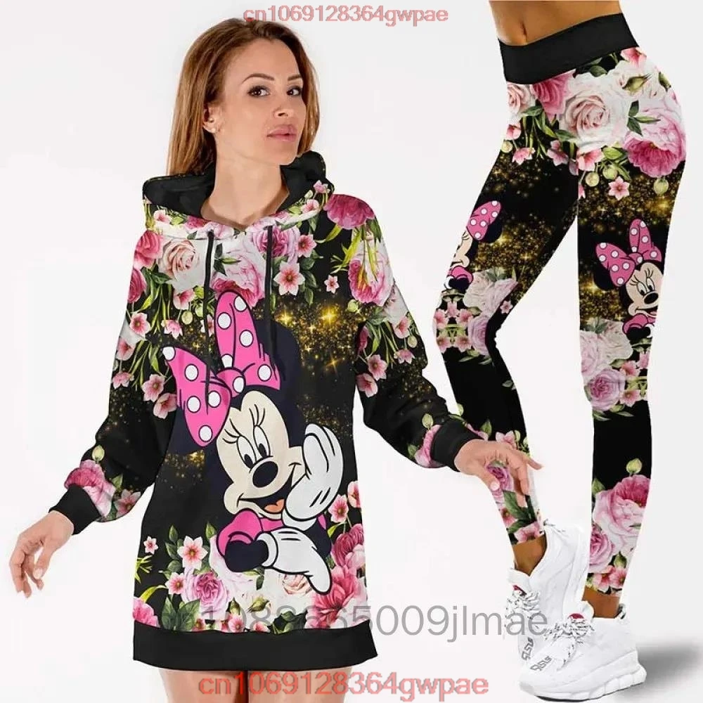Disney Minnie Mickey Women\'s Hoodie Dress Leggings Set High Waist Yoga Pants Set Disney Yoga Leggings Hoodie Fashion Sports Suit