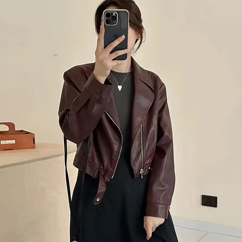 

American Retro Short PU Leather Jacket Women 2024 Autumn New Petite Motorcycle Style Faux Leather Coat Casual Outerwear Tops