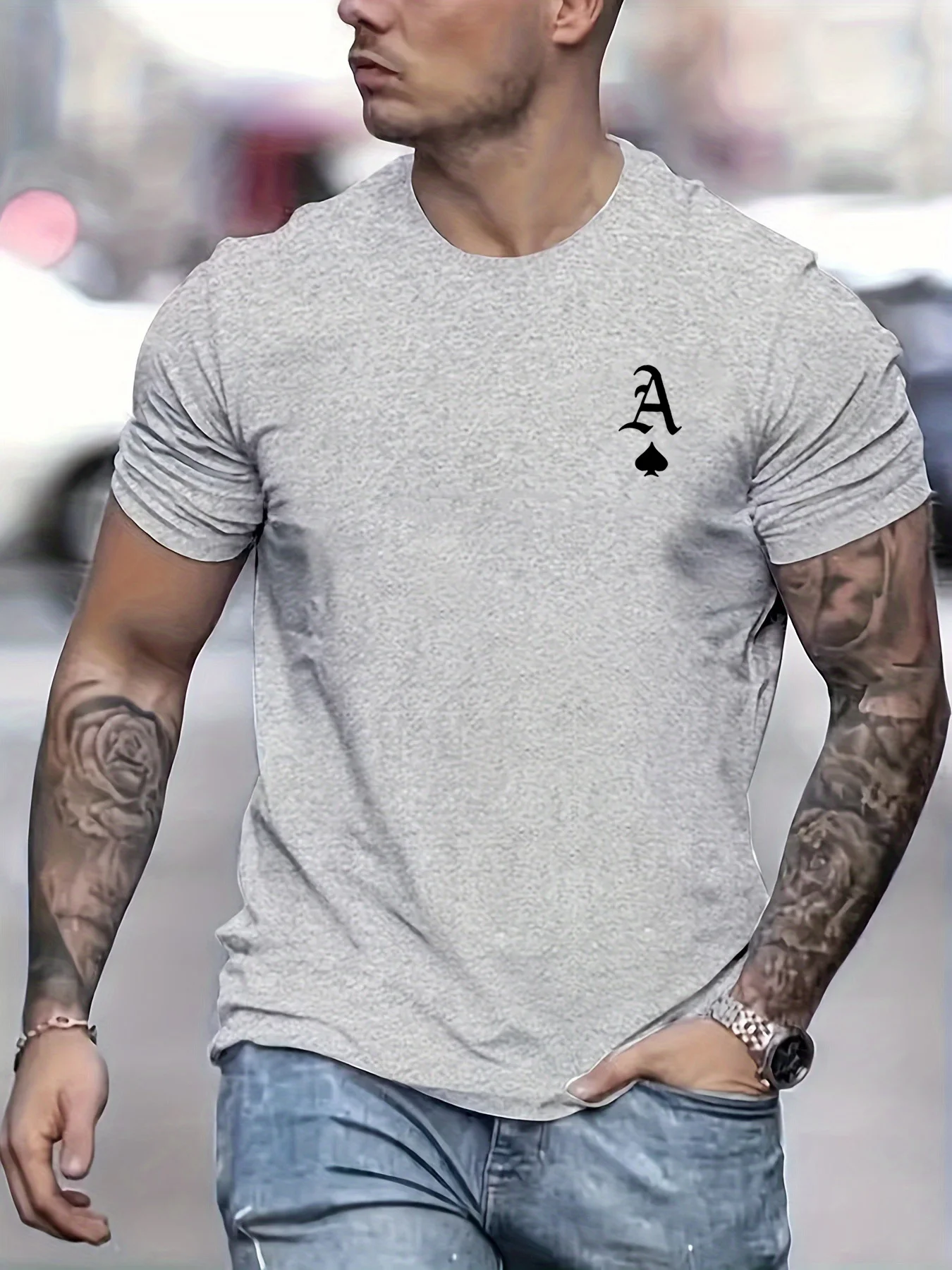 Men's Summer 100% Cotton Fashionable Casual Loose Classic Poker Card A-line Printed Sports Round Neck Short Sleeved T-shirt Top