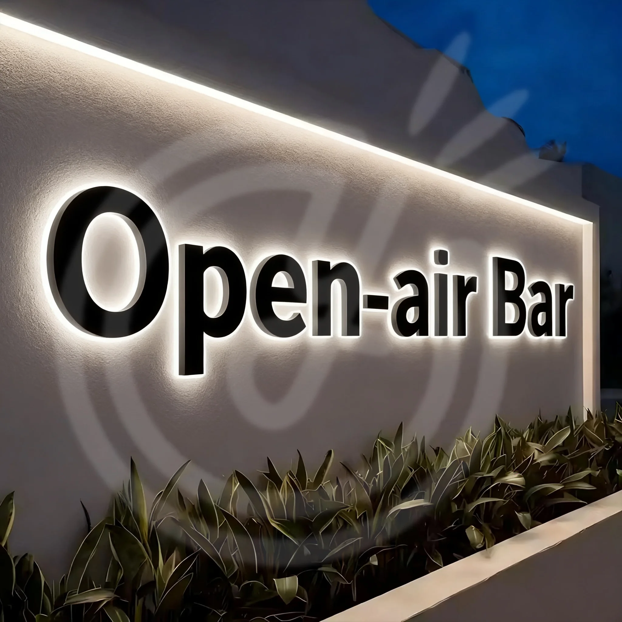 Open‑air Bar Skyline Terrace Lounge Custom Business Sign, LED Backlit Channel Letters, Illuminated Storefront Logo